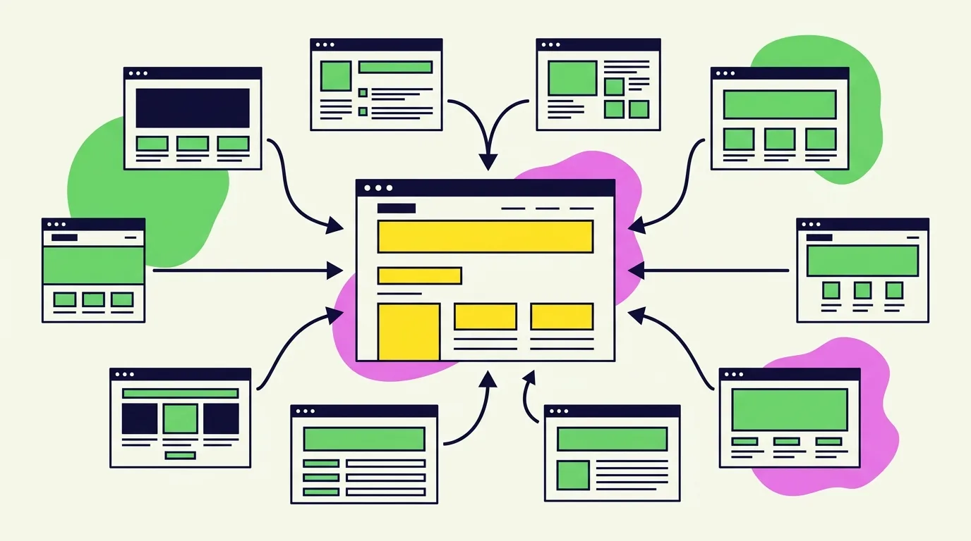 Ilustrasi beberapa website mengarahkan panah tautan ke satu website utama