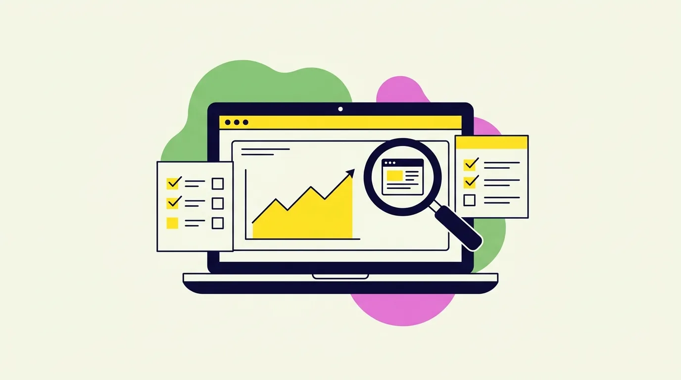 Ilustrasi dasbor Google Search Console dengan grafik klik dan tayangan di layar laptop